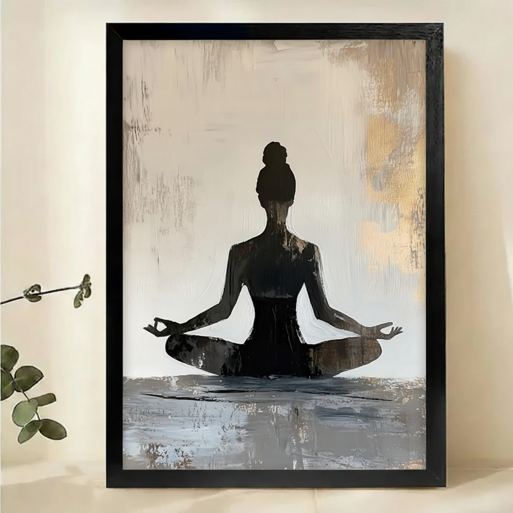 Meditating Woman Silhouette Wall Art – Zen Yoga Canvas Print on Natural Wood Frame