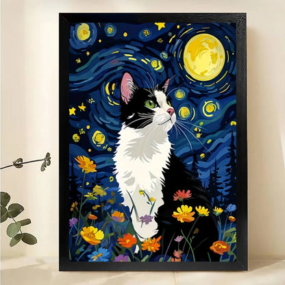Tuxedo Cat Starry Night Wall Art - Van Gogh Style Print