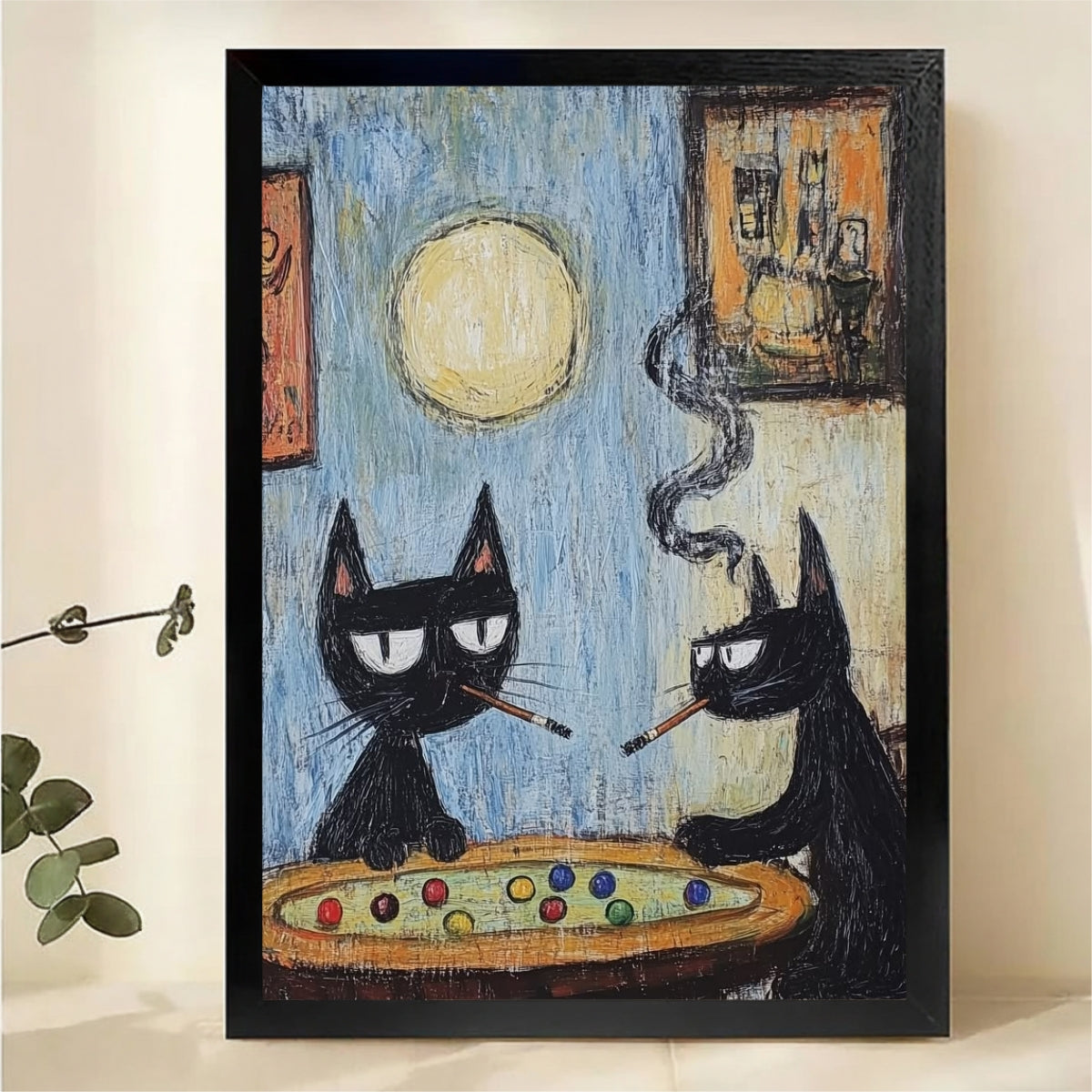 Two Black Cats Smoking Wall Art - Quirky Vintage Cat Canvas Print