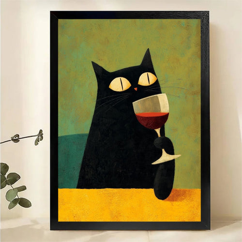 Black Cat with Wine Glass Wall Art - Bold Colorful Print