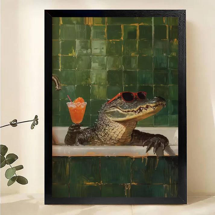 Alligator in Bathtub with Cocktail Canvas Wall Art - Funny Animal Bathroom Decor
