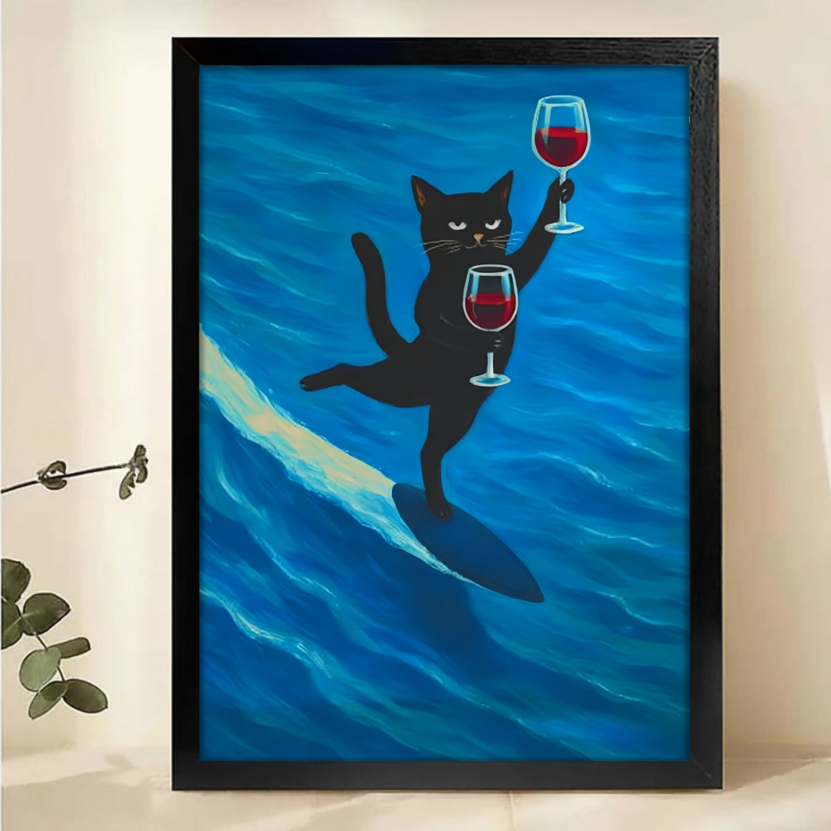 Surfing Cat Wine Canvas Print - Funny Beach Vibes Wall Art