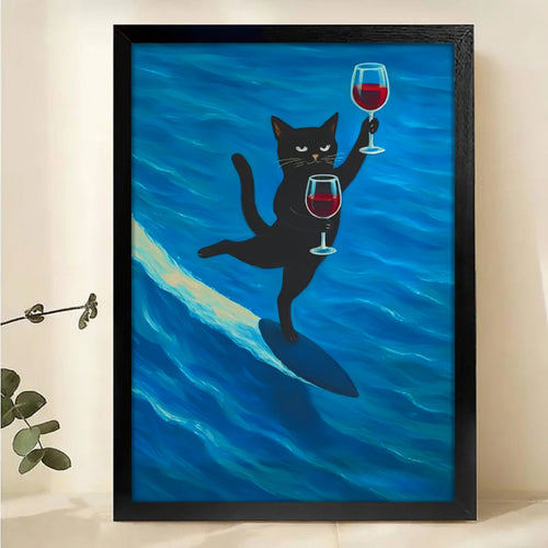 Surfing Cat Wine Canvas Print - Funny Beach Vibes Wall Art