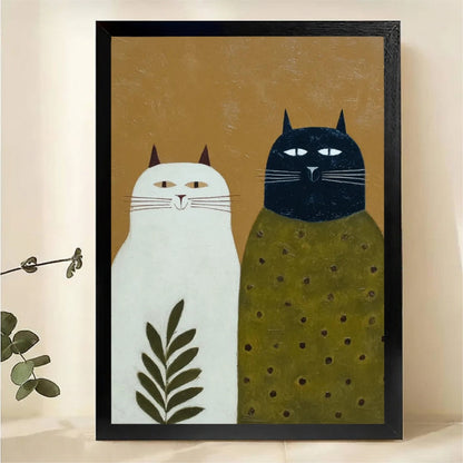White and Black Cat Duo Wall Art - Modern Folk Art Canvas Print
