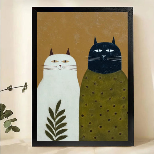 White and Black Cat Duo Wall Art - Modern Folk Art Canvas Print