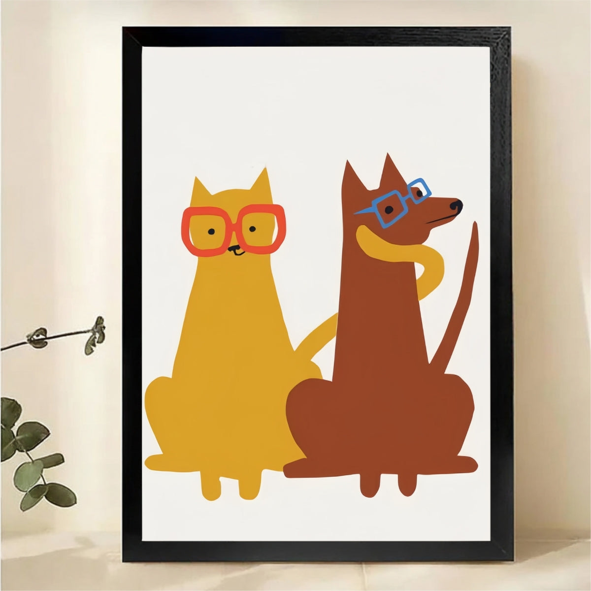 Cat and Dog with Glasses Wall Art Print - Whimsical Pet Illustration