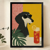 Dachshund with Iced Tea Wall Art – Cool Retro Dog Canvas Print on Natural Wood Frame