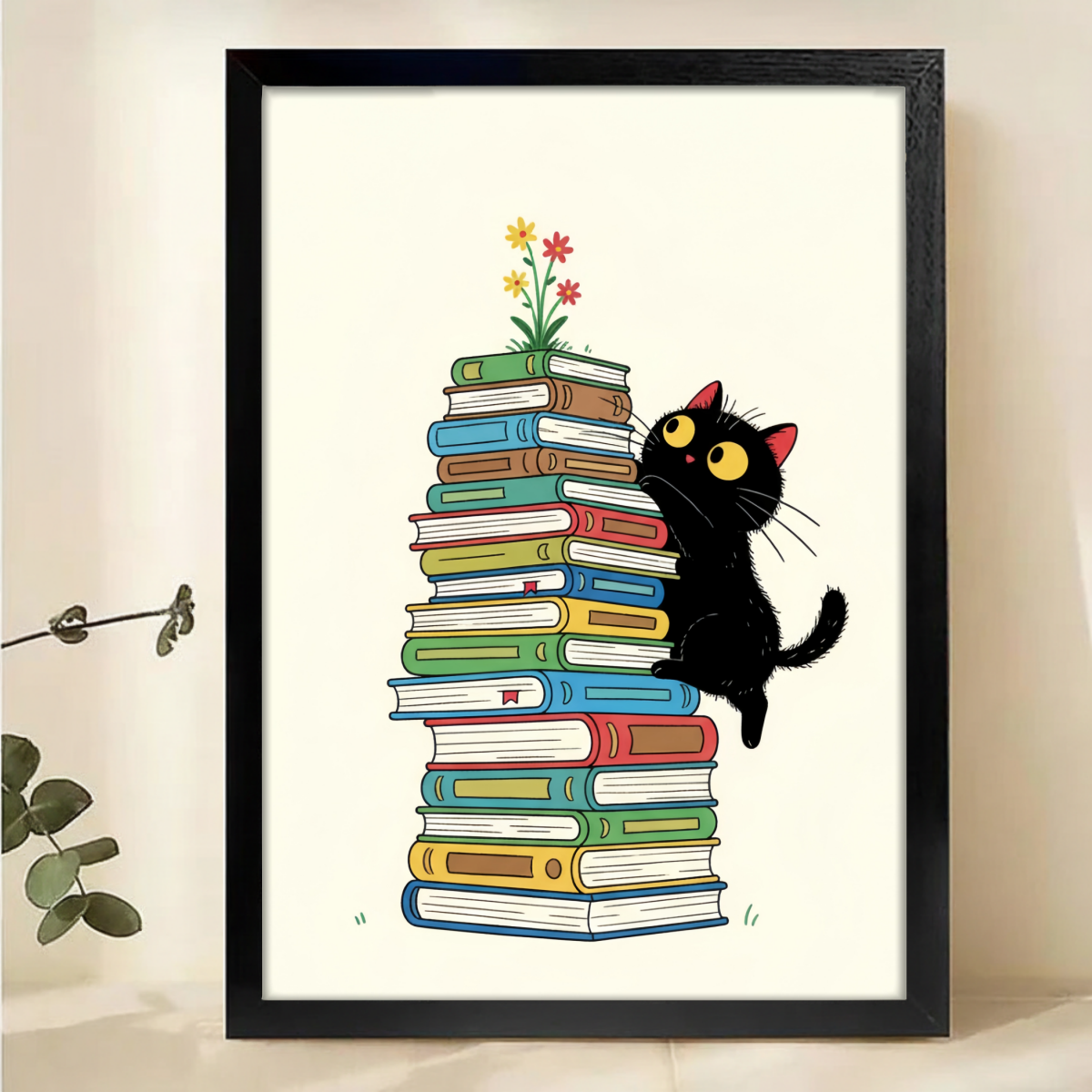 Black Cat with Books Wall Art Print - Cute Reading Cat Poster