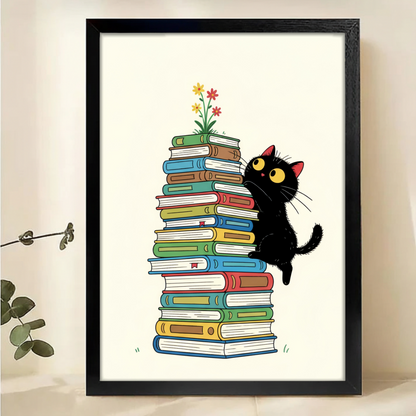 Black Cat with Books Wall Art Print - Cute Reading Cat Poster