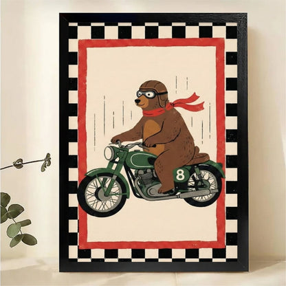 Bear on Motorcycle Wall Art – Retro Racing Animal Canvas