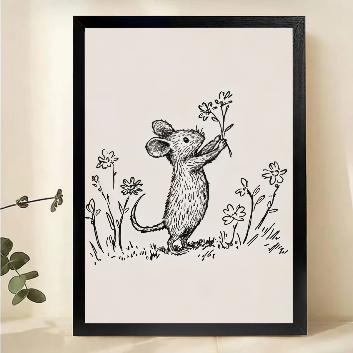Mouse Smelling Flowers Line Art Print - Minimalist Black & White Canvas Wall Art