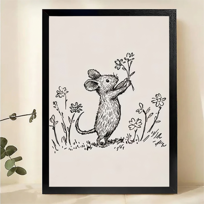 Mouse Smelling Flowers Line Art Print - Minimalist Black & White Canvas Wall Art