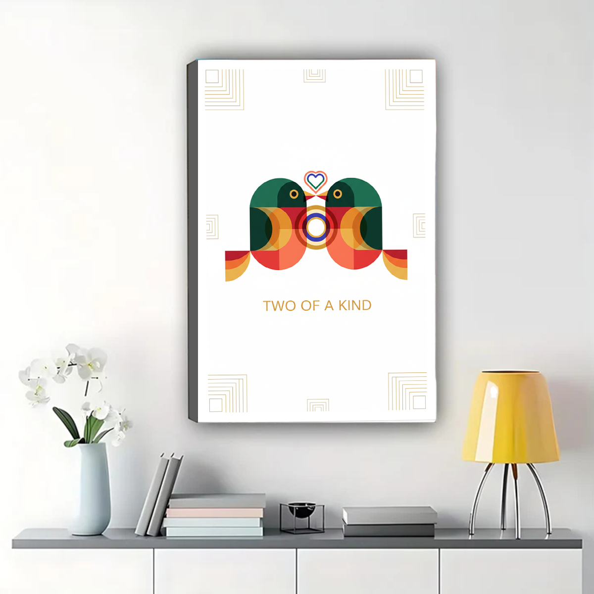 Two of a Kind Love Birds Art Print - Geometric Wall Decor Canvas Wall Art