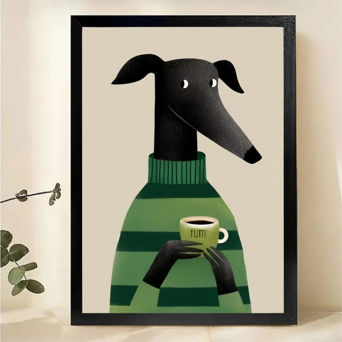 Greyhound with Coffee Wall Art - Cozy Green Sweater Print