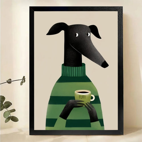Greyhound with Coffee Wall Art - Cozy Green Sweater Print