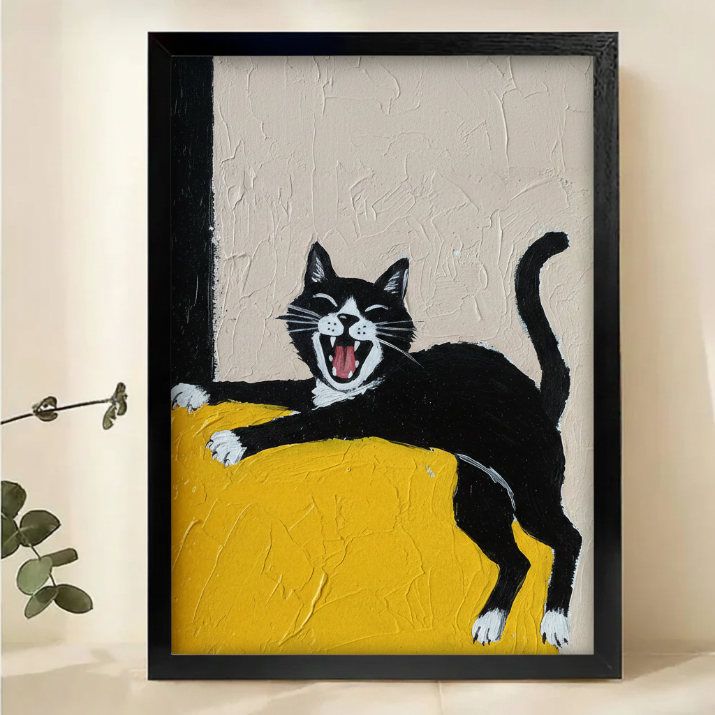 Laughing Tuxedo Cat on Yellow Sofa Wall Art – Bold Impasto Oil Painting Canvas Print on Natural Wood Frame