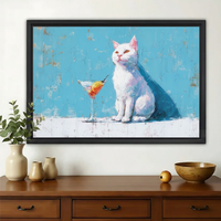 White Cat with Martini Glass Wall Art – Chic Cat Canvas Print on Natural Wood Frame