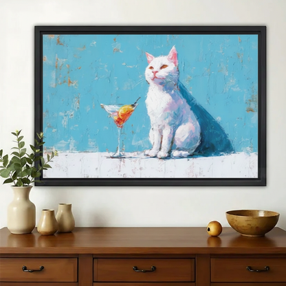 White Cat with Martini Glass Wall Art – Chic Cat Canvas Print on Natural Wood Frame
