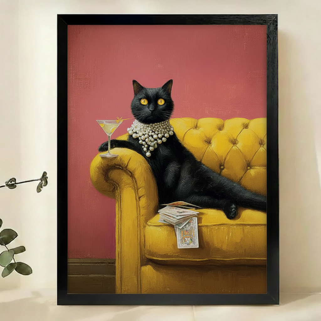 Glamorous Black Cat with Martini & Pearls Wall Art – Vintage Cat Canvas Print on Natural Wood Frame
