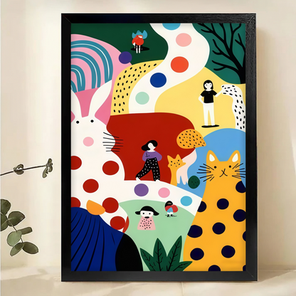 Whimsical Cat & Rabbit Abstract Art Print - Colorful Modern Wall Decor Canvas Wall Art