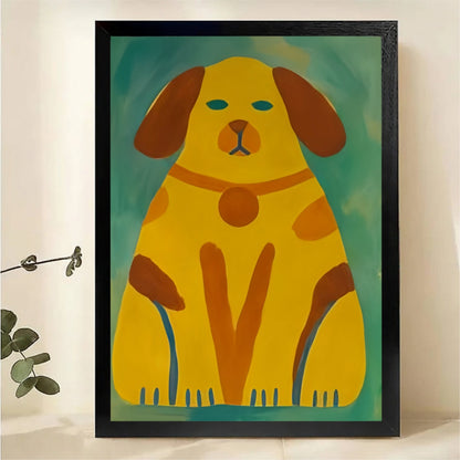 Abstract Yellow Dog on Teal Wall Art - Modern Folk Art Canvas Print