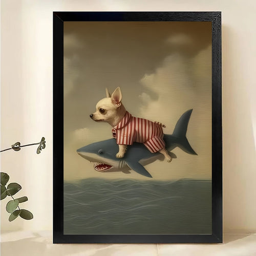 Chihuahua Riding Shark Framed Art – Surreal Animal Wall Print Canvas Wall Art