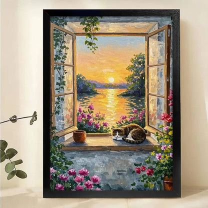Sleeping Cat Window View Canvas Print - Sunset Lake Landscape Wall Art
