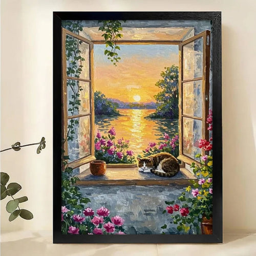 Sleeping Cat Window View Canvas Print - Sunset Lake Landscape Wall Art