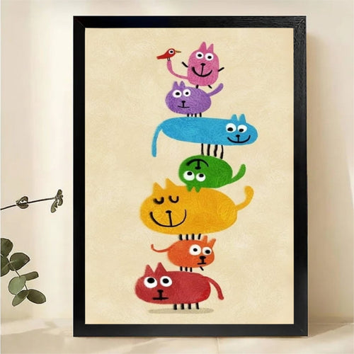Stacked Colorful Cats Wall Art - Whimsical Rainbow Cat Print