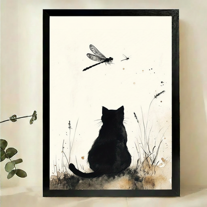 Black Cat & Dragonfly Wall Art – Zen Ink Brush Cat Canvas Print on Natural Wood Frame