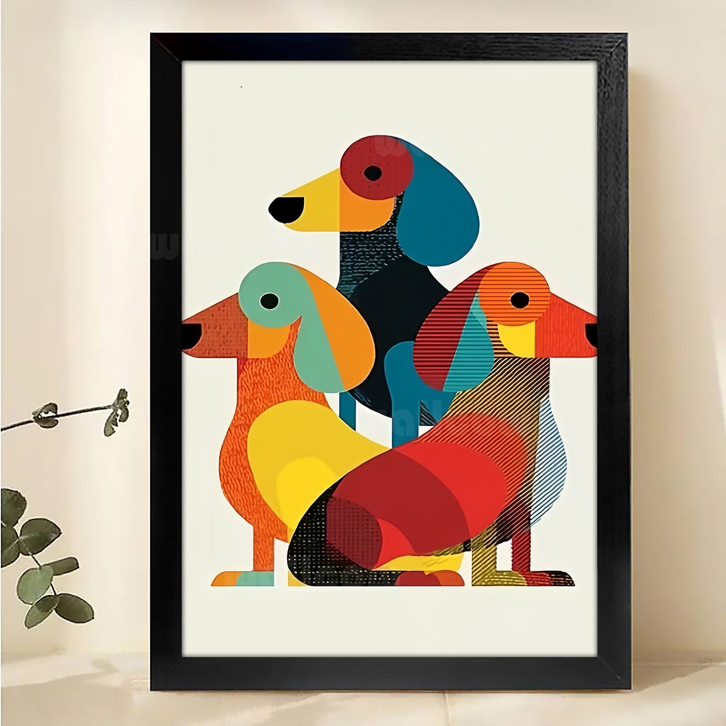 The Geometric Dachshund Trio – Modern Pop Wall Art on Natural Wood Canvas