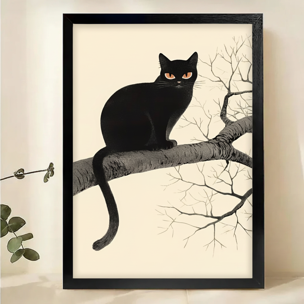 Black Cat on Bare Branch Wall Art – Minimalist Japanese-Style Canvas Print on Natural Wood Frame