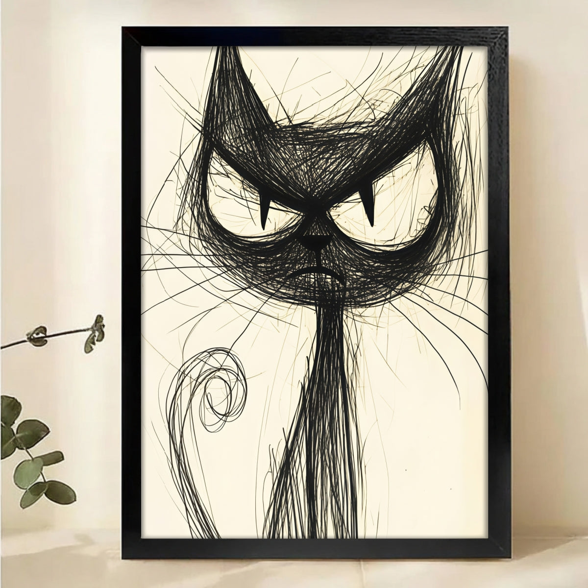 Sketchy Black Cat Art Print - Minimalist Line Drawing Wall Art