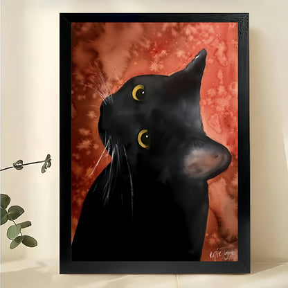 The Red-Background Artistic Black Cat – Vintage Painterly Wall Art on Natural Wood Canvas