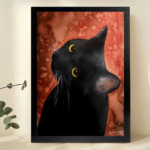 The Red-Background Artistic Black Cat – Vintage Painterly Wall Art on Natural Wood Canvas
