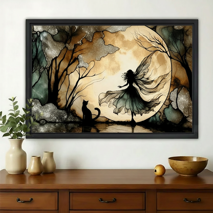 Enchanted Moon Fairy & Cat Wall Art – Mystical Forest Silhouette Canvas on Natural Wood Frame