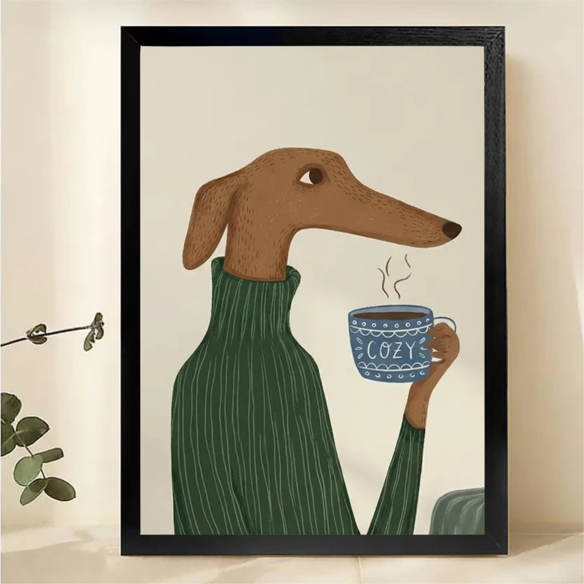 Greyhound in Green Sweater with Cozy Mug Wall Art - Cute Dog Canvas Print