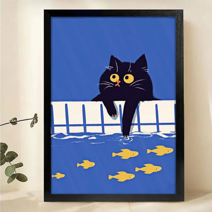 Black Cat Fishing Wall Art - Whimsical Cat and Fish Print