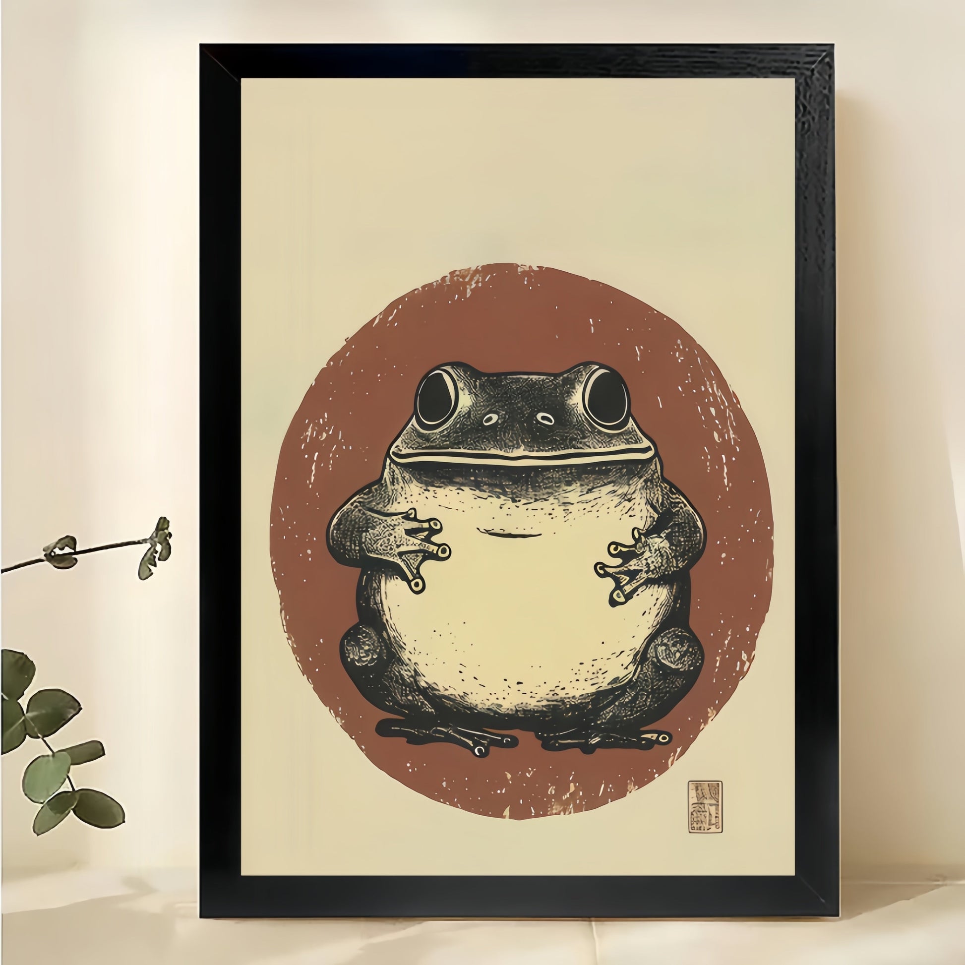 The Chubby Chest-Hugging Frog – Retro Minimalist Wall Art on Natural Wood Canvas