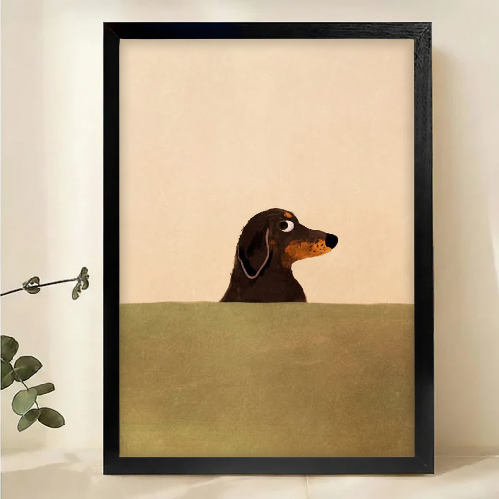 Minimalist Dachshund Portrait Wall Art – Cute Dog Illustration Canvas Print on Natural Wood Frame