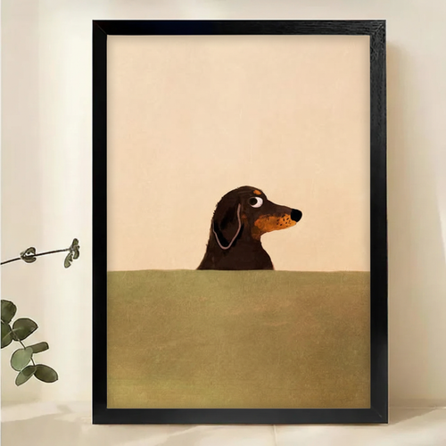 Minimalist Dachshund Portrait Wall Art – Cute Dog Illustration Canvas Print on Natural Wood Frame