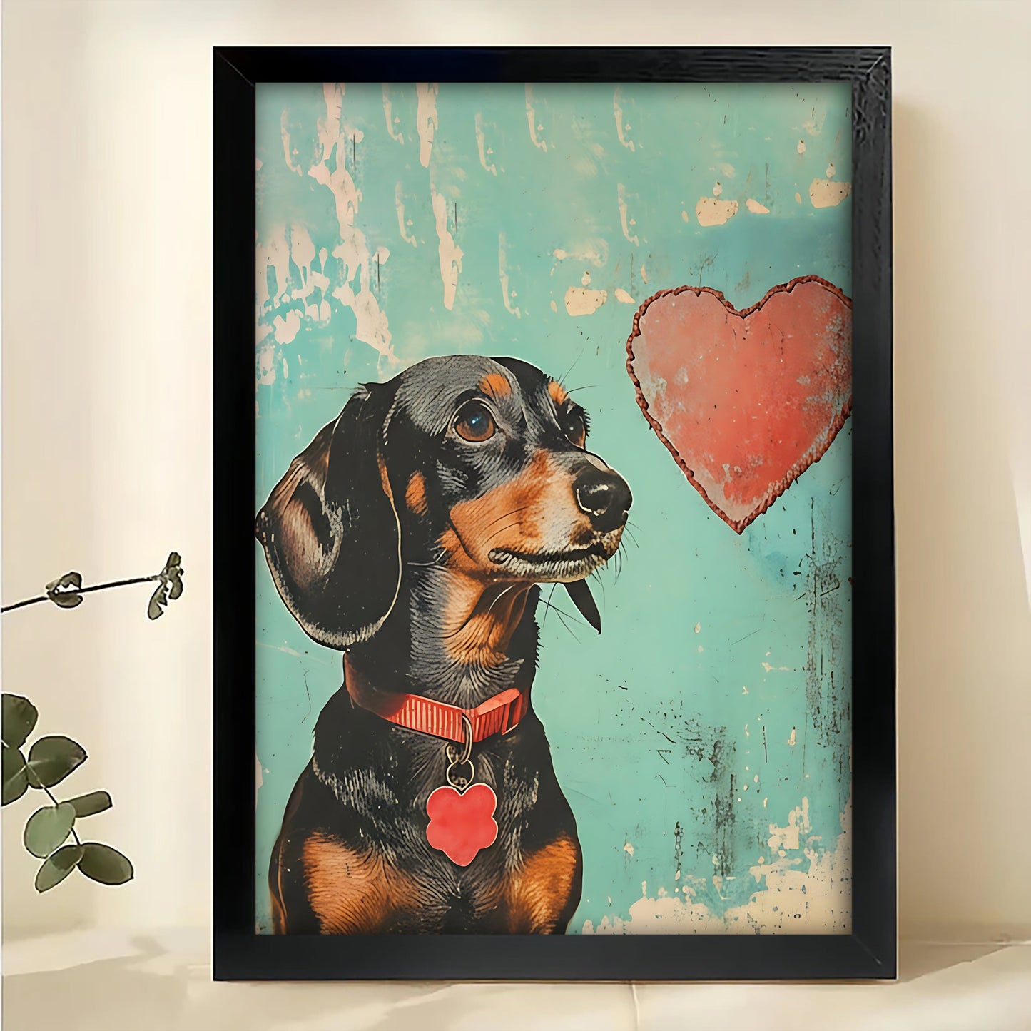 Retro Dachshund with Red Heart – Whimsical Vintage Pet Wall Art on Natural Wood Canvas