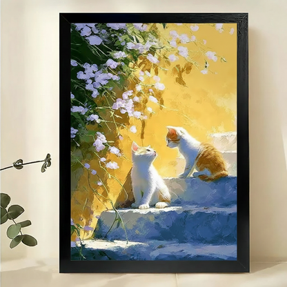 White Cats on Sunny Steps Wall Art – Bright Impressionist Cat Canvas Print on Natural Wood Frame