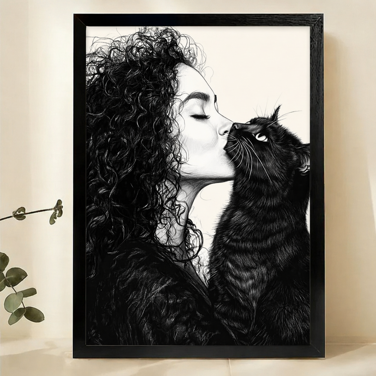 Woman & Black Cat Nose Kiss Wall Art – Intimate Sketch Canvas Print on Natural Wood Frame
