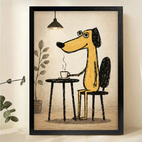 Coffee Shop Dog Wall Art – Warm Cozy Illustration Canvas Print on Natural Wood Frame