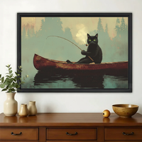 Black Cat Fishing in a Canoe Wall Art – Vintage Wilderness Canvas Print on Natural Wood Frame