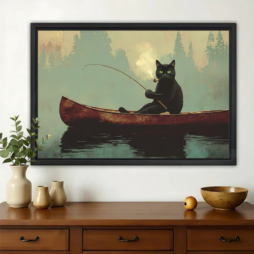 Black Cat Fishing in a Canoe Wall Art – Vintage Wilderness Canvas Print on Natural Wood Frame