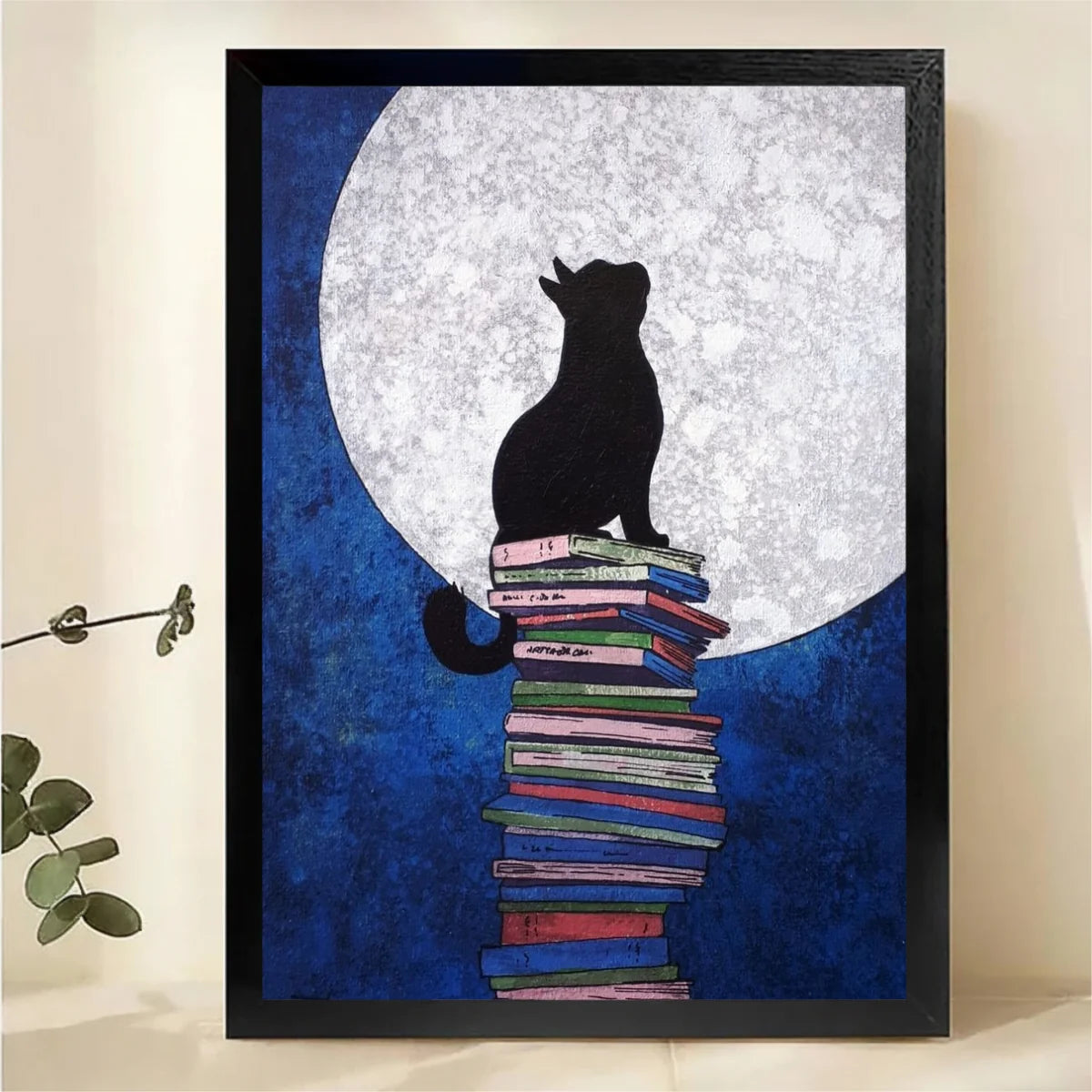 Black Cat on Stack of Books Under Full Moon Wall Art - Canvas Print