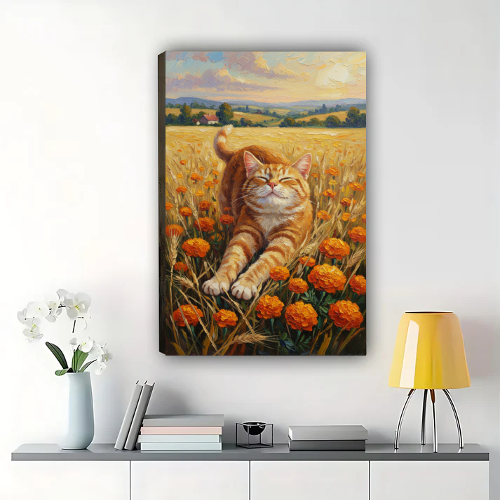 Happy Cat in Wheat Field Wall Art - Countryside Landscape Print