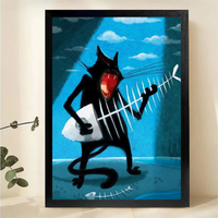Cat Playing Fish Bone Guitar Wall Art - Bold Blue Print
